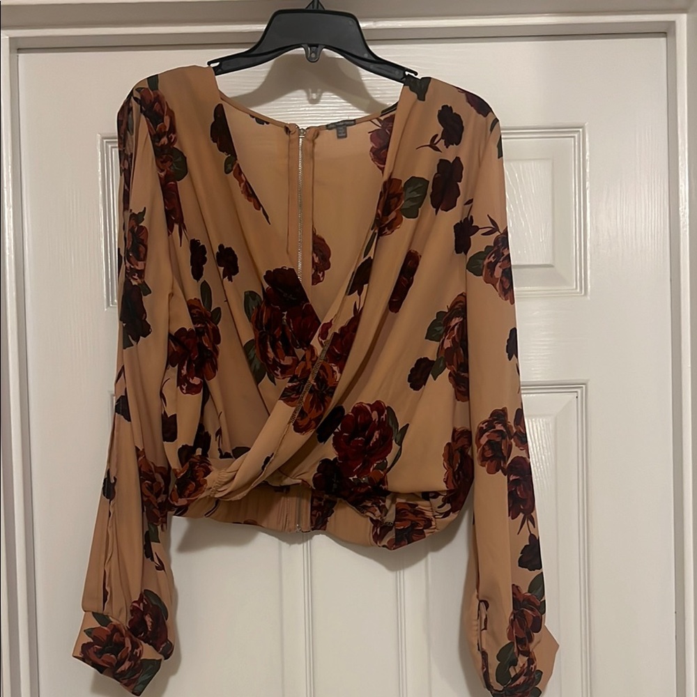 Charlotte Russe Tan and Red Wrap Crop Blouse